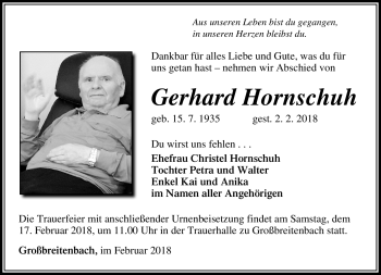 Traueranzeige von Gerhard Hornschuh von Südthüringer Presse