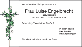 Traueranzeige von Luise Engelbrecht von Frankenpost