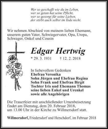 Traueranzeige von Edgar Hertwig von Südthüringer Presse