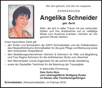 Traueranzeige von Angelika Schneider von Südthüringer Presse