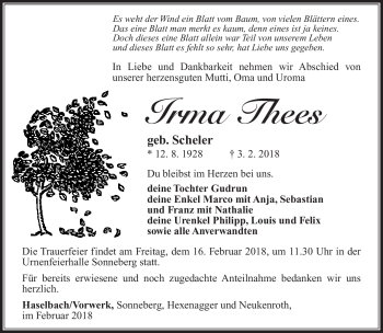 Traueranzeige von Irma Thees von Südthüringer Presse