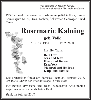Traueranzeige von Rosemarie Kalning von Südthüringer Presse