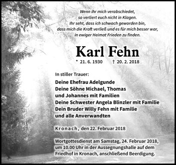 Traueranzeige von Karl Fehn von Neue Presse Coburg