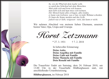 Traueranzeige von Horst Zetzmann von Südthüringer Presse
