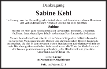 Traueranzeige von Sabine Kehl von Südthüringer Presse
