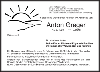 Traueranzeige von Anton Greger von Frankenpost
