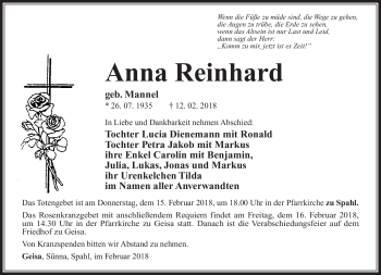 Traueranzeige von Anna Reinhard von Südthüringer Presse