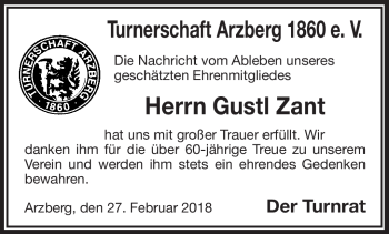 Traueranzeige von Gustl Zant von Frankenpost