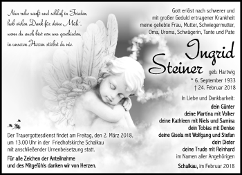 Traueranzeige von Ingrid Steiner von Südthüringer Presse
