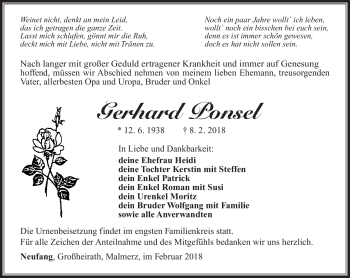 Traueranzeige von Gerhard Ponsel von Südthüringer Presse