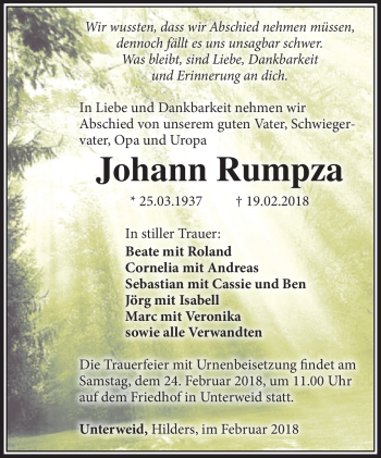 Traueranzeige von Johann Rumpza von Südthüringer Presse