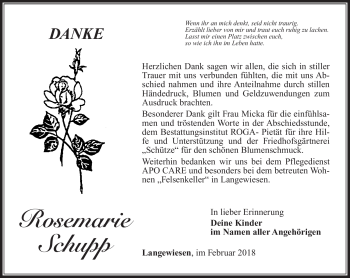 Traueranzeige von Rosemarie Schupp von Südthüringer Presse