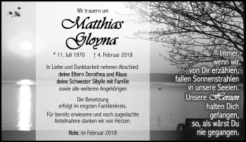 Traueranzeige von Matthias Gloyna von Südthüringer Presse