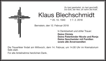 Traueranzeige von Klaus Blechschmidt von Frankenpost