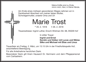 Traueranzeige von Marie Trost von Frankenpost