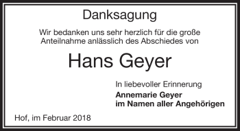 Traueranzeige von Hans Geyer von Frankenpost
