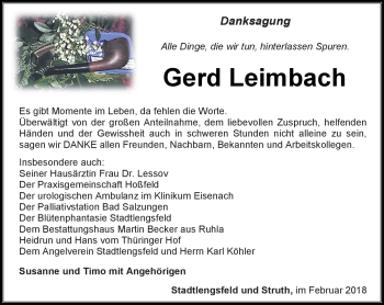 Traueranzeige von Gerd Leimbach von Südthüringer Presse