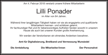 Traueranzeige von Lilli Ponader von Frankenpost
