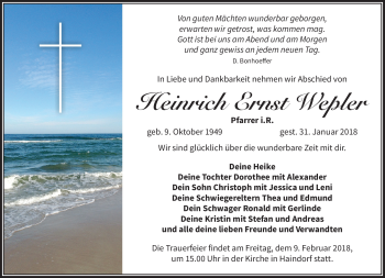 Traueranzeige von Heinrich Ernst Wepler von Südthüringer Presse