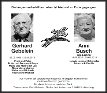 Traueranzeige von Gerhard Gebelein Anni Busch von Frankenpost