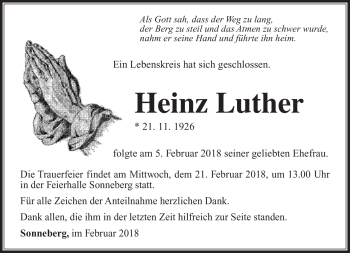 Traueranzeige von Heinz Luther von Südthüringer Presse