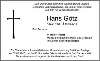 Traueranzeige von Hans Götz von Frankenpost