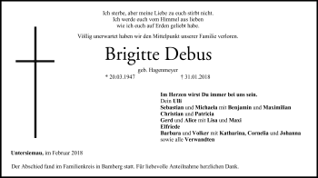 Traueranzeige von Brigitte Debus von Neue Presse Coburg