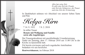 Traueranzeige von Helga Hirn von Südthüringer Presse