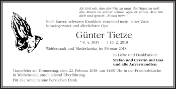 Traueranzeige von Günter Tietze von Frankenpost