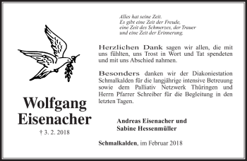 Traueranzeige von Wolfgang Eisenacher von Südthüringer Presse