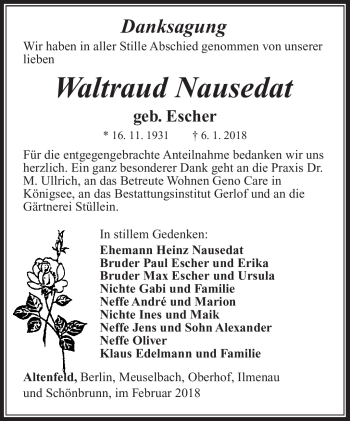 Traueranzeige von Waltraus Nausedat von Südthüringer Presse