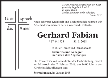 Traueranzeige von Gerhard Fabian von Südthüringer Presse