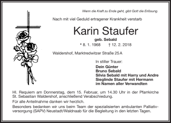 Traueranzeige von Karin Staufer von Frankenpost