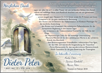Traueranzeige von Dieter Peter von Südthüringer Presse