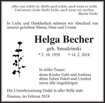 Traueranzeige von Helga Becher von Südthüringer Presse