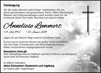 Traueranzeige von Anneliese Lemmert von Südthüringer Presse