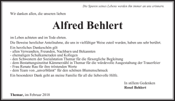 Traueranzeige von Alfred Behlert von Südthüringer Presse