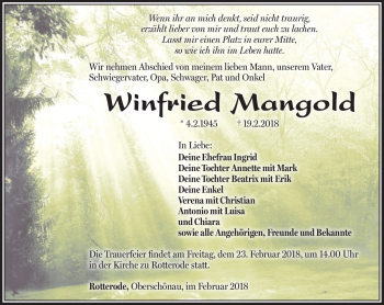 Traueranzeige von Winfried Mangold von Südthüringer Presse