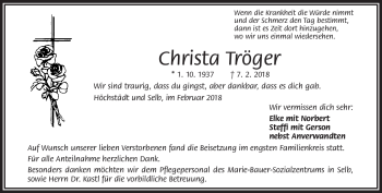 Traueranzeige von Christa Tröger von Frankenpost