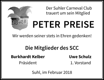 Traueranzeige von Peter Preise von Südthüringer Presse