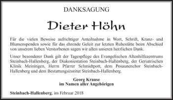 Traueranzeige von Dieter Höhn von Südthüringer Presse