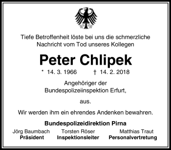 Traueranzeige von Peter Chlipek von Südthüringer Presse