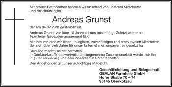 Traueranzeige von Andreas Grunst von Frankenpost