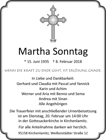 Traueranzeige von Martha Sonntag von Frankenpost