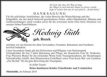 Traueranzeige von Hedwig Güth von Südthüringer Presse