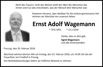 Traueranzeige von Ernst Adolf Wagemann von Neue Presse Coburg