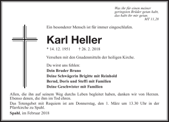 Traueranzeige von Karl Heller von Südthüringer Presse