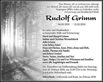 Traueranzeige von Rudolf Grimm von Südthüringer Presse