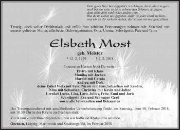 Traueranzeige von Elsbeth Most von Südthüringer Presse