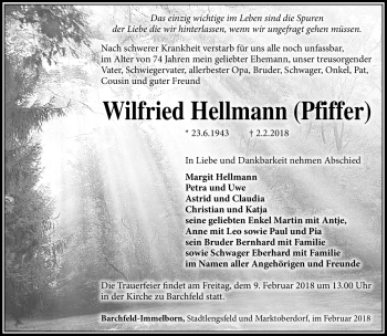 Traueranzeige von Wilfrie Hellmann von Südthüringer Presse